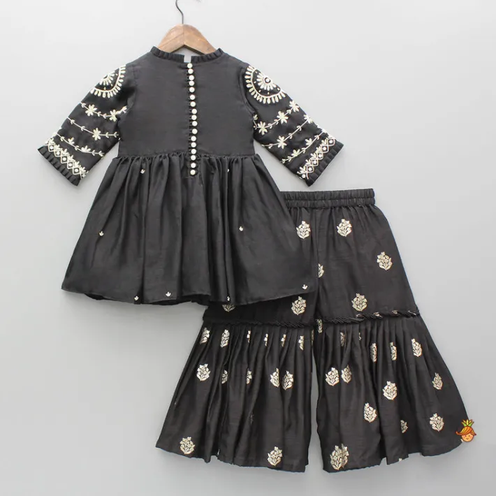 Outlet Black Embroidered Pleats Detailed Kurti And Sharara With Dupatta Twinning Sets | Ethnic Wear