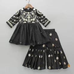 Outlet Black Embroidered Pleats Detailed Kurti And Sharara With Dupatta Twinning Sets | Ethnic Wear