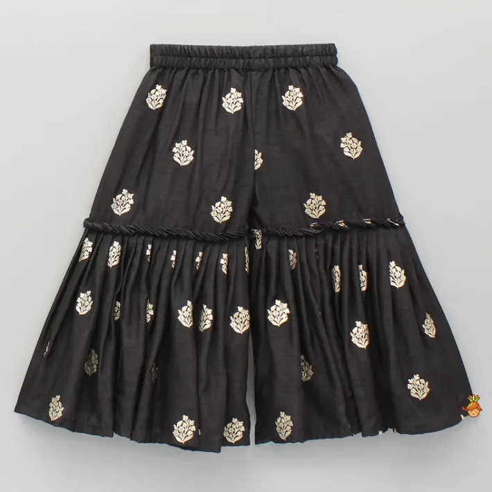 Outlet Black Embroidered Pleats Detailed Kurti And Sharara With Dupatta Twinning Sets | Ethnic Wear