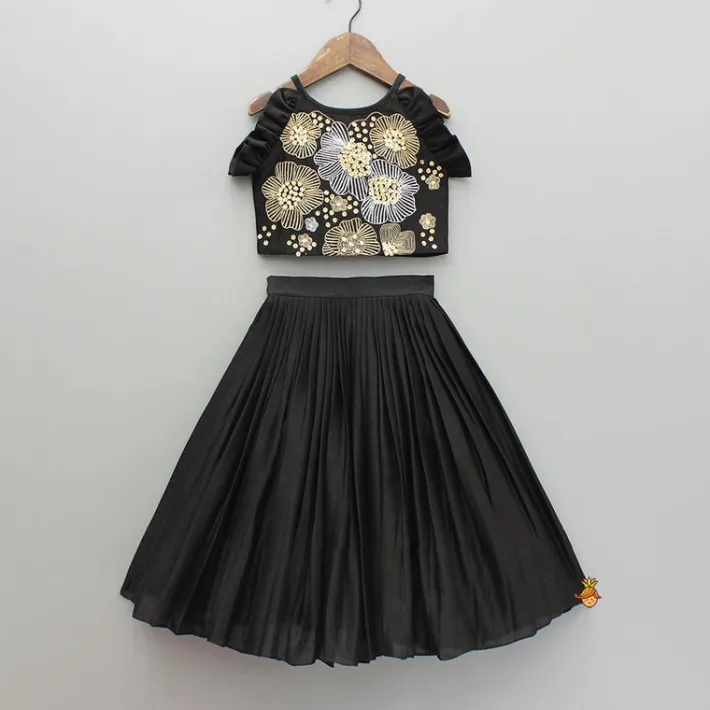 Outlet Black Embroidered Sleeveless Frill Top And Pleated Lehenga Ethnic Wear | Lehengas & Ghagras