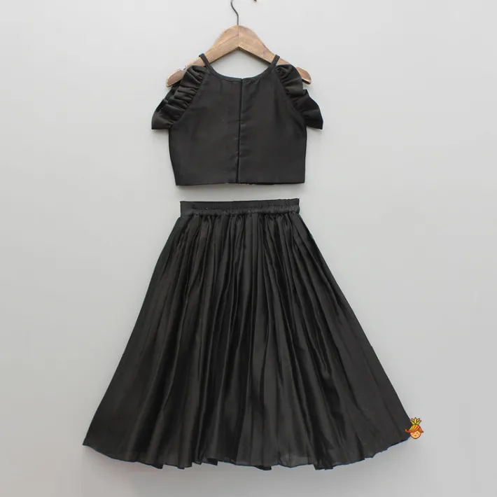 Outlet Black Embroidered Sleeveless Frill Top And Pleated Lehenga Ethnic Wear | Lehengas & Ghagras