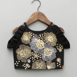 Outlet Black Embroidered Sleeveless Frill Top And Pleated Lehenga Ethnic Wear | Lehengas & Ghagras