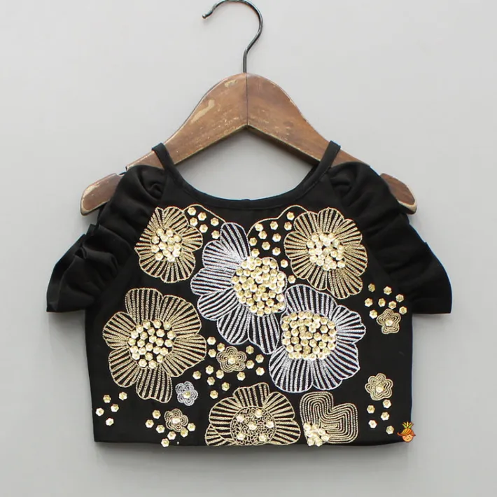 Outlet Black Embroidered Sleeveless Frill Top And Pleated Lehenga Ethnic Wear | Lehengas & Ghagras
