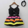 Hot Black Frilly Bow Top And Multi Colour Lace Applique Skirt With Matching Pearl Work Hair Band Dresses & Sets | Sets