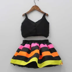 Hot Black Frilly Bow Top And Multi Colour Lace Applique Skirt With Matching Pearl Work Hair Band Dresses & Sets | Sets