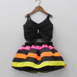 Hot Black Frilly Bow Top And Multi Colour Lace Applique Skirt With Matching Pearl Work Hair Band Dresses & Sets | Sets