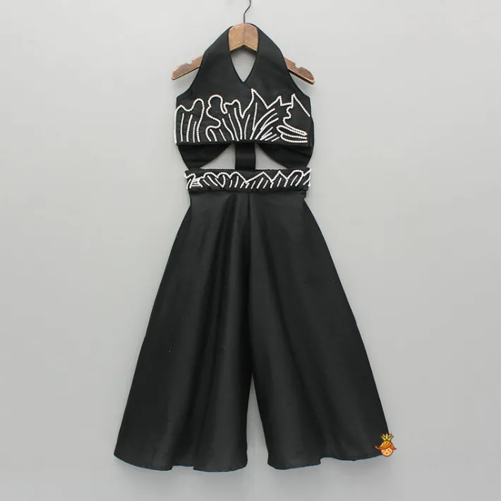 Sale Black Halter Neck Top With Back Bow Detail And Flared Palazzo Ethnic Wear | Palazzos & Shararas