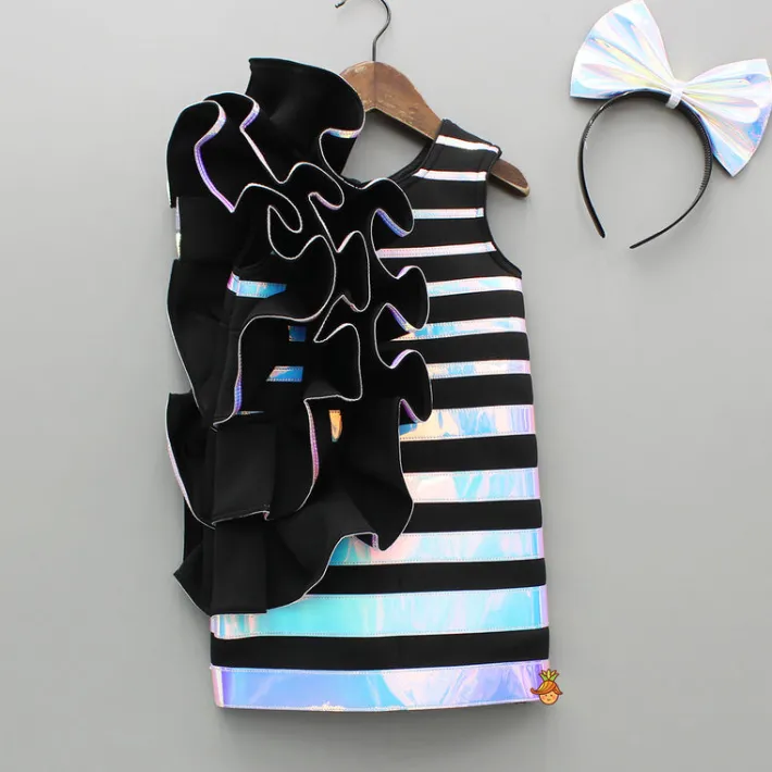 New Black Holographic Ruffle Dress With Bow Hair band Dresses & Sets | Dresses