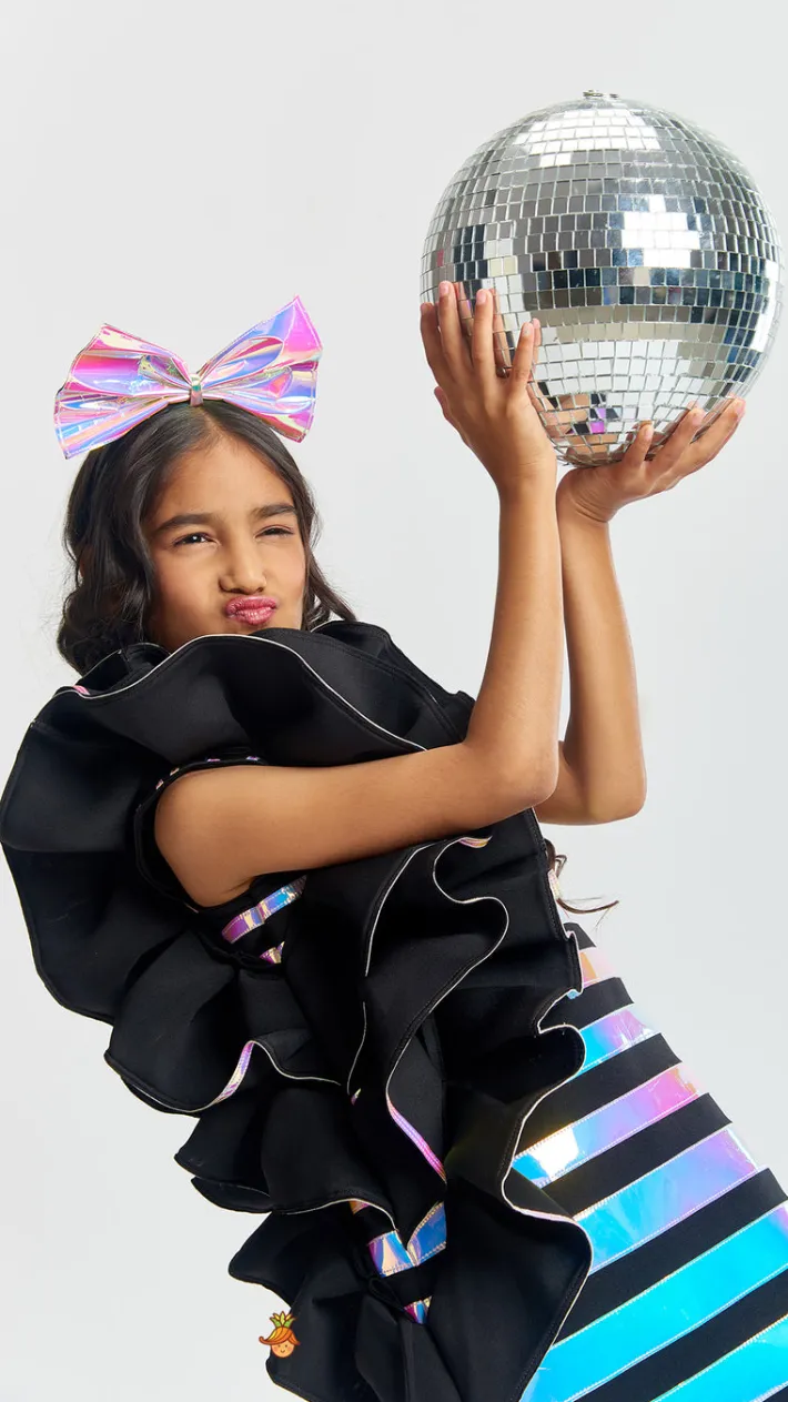 New Black Holographic Ruffle Dress With Bow Hair band Dresses & Sets | Dresses