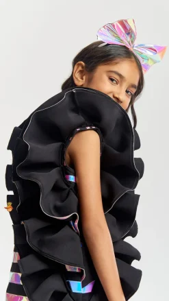 New Black Holographic Ruffle Dress With Bow Hair band Dresses & Sets | Dresses