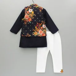Online Black Kurta And Floral Printed Embroidered Jacket With Pyjama BOY Twinning Sets | Indian Ethnic Wear
