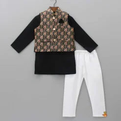 Outlet Black Kurta With Floral Printed Jacket And Pyjama BOY Indian Ethnic Wear | Ethnic Sets