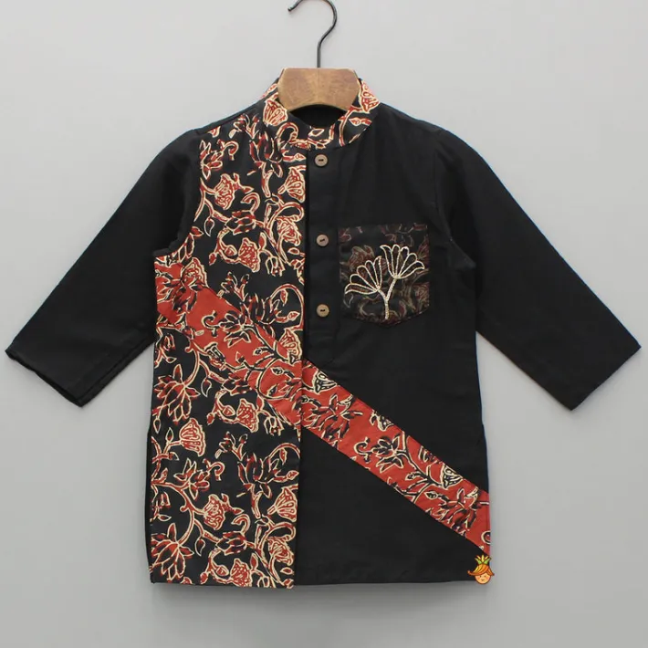 New Black Kurta With Printed Flap And Pyjama BOY Indian Ethnic Wear | Ethnic Sets