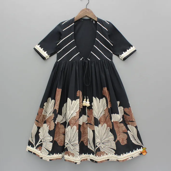 Online Black Kurti With Printed Gota Lace Detailed Front Open Jacket Twinning Sets | Ethnic Wear
