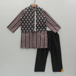Hot Black Printed Kurta And Jacket With Pyjama BOY Indian Ethnic Wear | Ethnic Sets