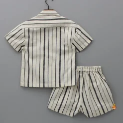 Best Black Stripe Printed Off White Shirt And Pockets Detail Shorts BOY Sets
