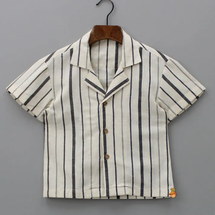Best Black Stripe Printed Off White Shirt And Pockets Detail Shorts BOY Sets