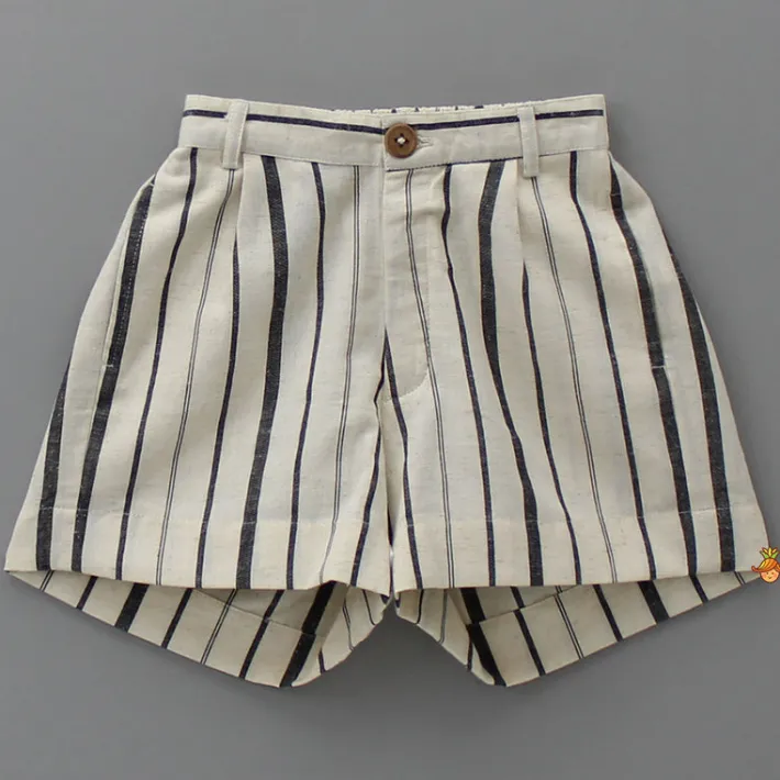 Best Black Stripe Printed Off White Shirt And Pockets Detail Shorts BOY Sets
