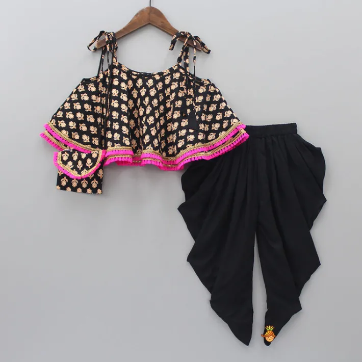 Clearance Black Stylish Printed Lace Work Top And Dhoti With Matching Sling Bag Ethnic Wear | Dhotis & Patialas