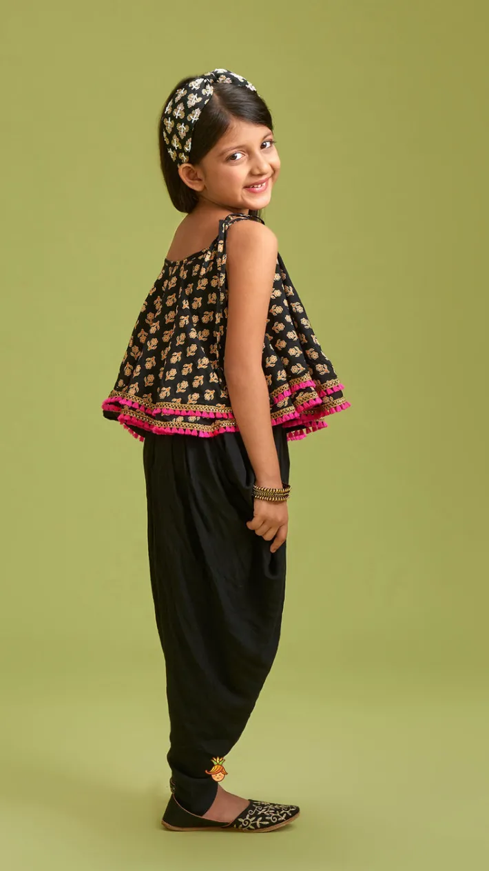 Clearance Black Stylish Printed Lace Work Top And Dhoti With Matching Sling Bag Ethnic Wear | Dhotis & Patialas