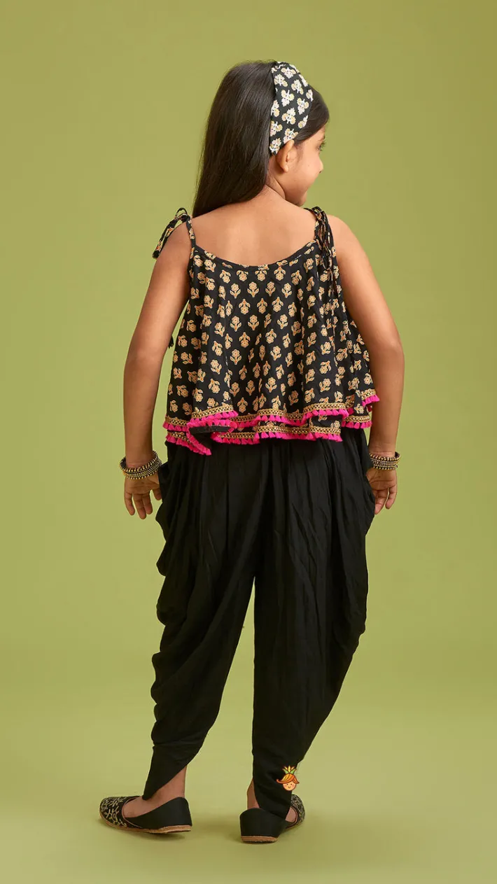 Clearance Black Stylish Printed Lace Work Top And Dhoti With Matching Sling Bag Ethnic Wear | Dhotis & Patialas