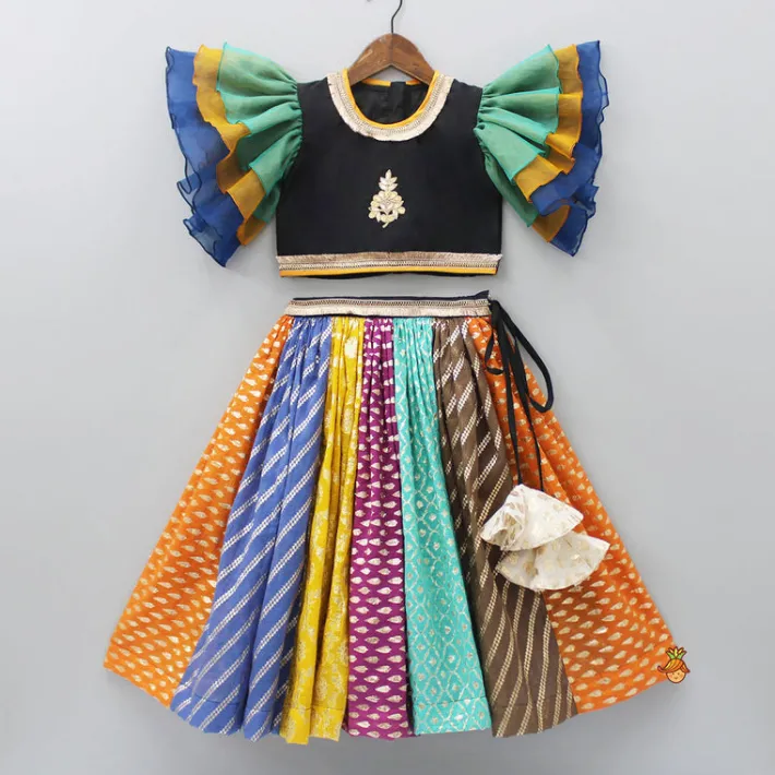 Fashion Black Top With Frilly Sleeves And Multicolored Lehenga Twinning Sets | Ethnic Wear