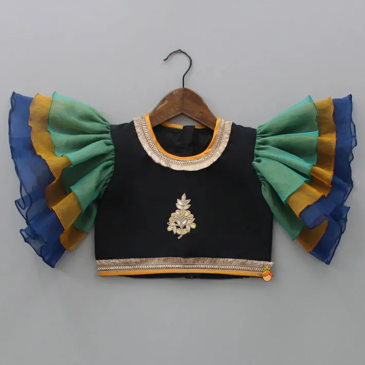 Fashion Black Top With Frilly Sleeves And Multicolored Lehenga Twinning Sets | Ethnic Wear