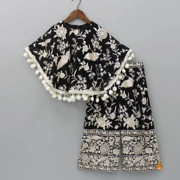 Outlet Black Top With Pom Poms Detailed Embroidered Cape And Palazzo Ethnic Wear | Palazzos & Shararas