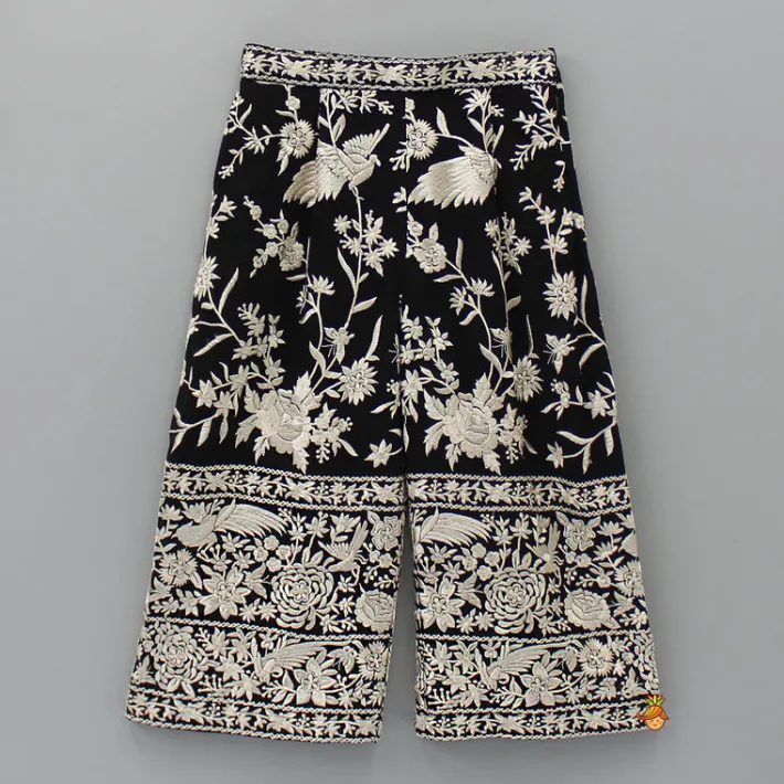Outlet Black Top With Pom Poms Detailed Embroidered Cape And Palazzo Ethnic Wear | Palazzos & Shararas