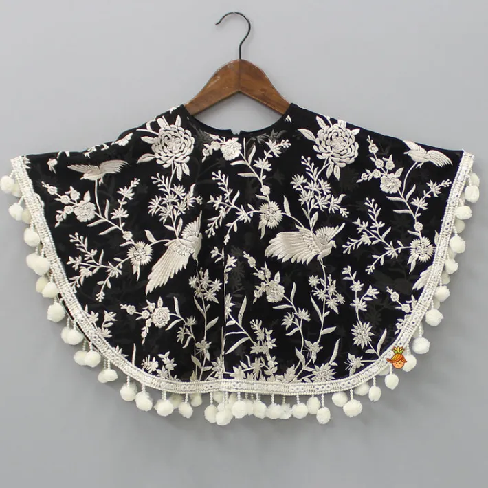 Outlet Black Top With Pom Poms Detailed Embroidered Cape And Palazzo Ethnic Wear | Palazzos & Shararas