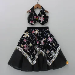Outlet Black Velvet Embroidered Collar Neck Halter Top With Flap Embroidered Lehenga Ethnic Wear | Lehengas & Ghagras