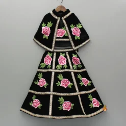 Fashion Black Velvet Embroidered Lace Detailed Strap Top With Cape And Lehenga Ethnic Wear | Lehengas & Ghagras