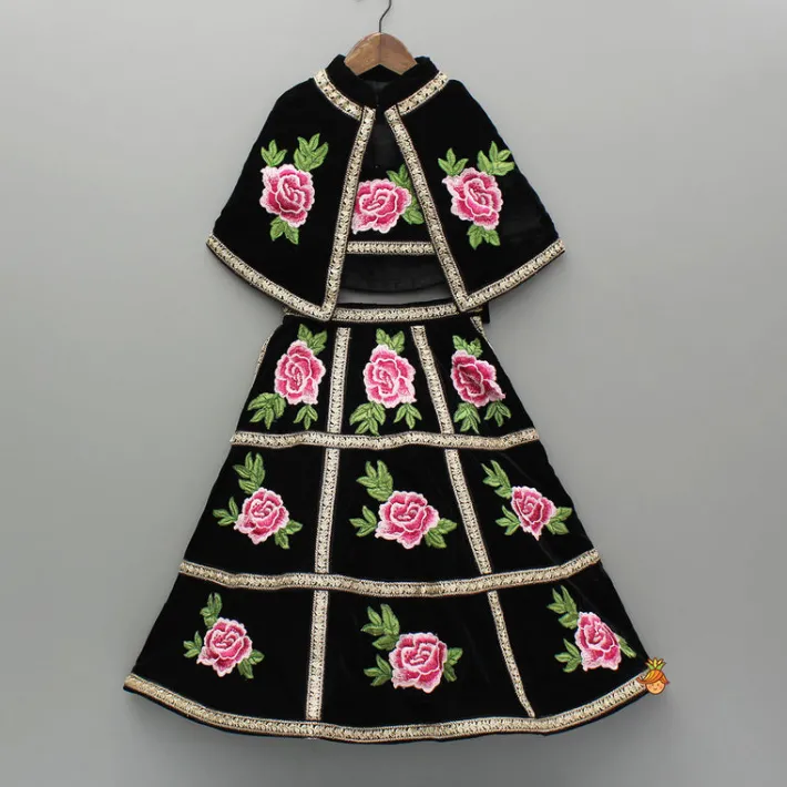 Fashion Black Velvet Embroidered Lace Detailed Strap Top With Cape And Lehenga Ethnic Wear | Lehengas & Ghagras