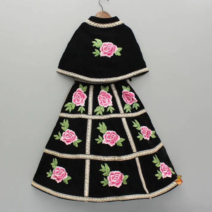 Fashion Black Velvet Embroidered Lace Detailed Strap Top With Cape And Lehenga Ethnic Wear | Lehengas & Ghagras
