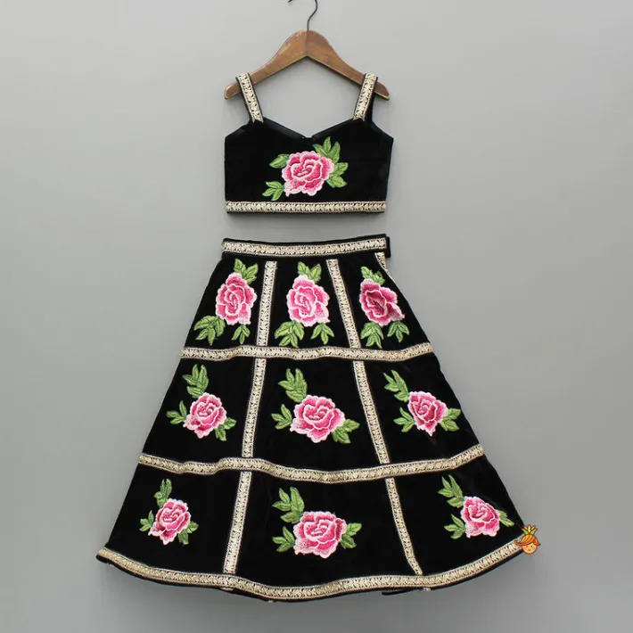 Fashion Black Velvet Embroidered Lace Detailed Strap Top With Cape And Lehenga Ethnic Wear | Lehengas & Ghagras