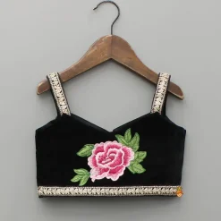 Fashion Black Velvet Embroidered Lace Detailed Strap Top With Cape And Lehenga Ethnic Wear | Lehengas & Ghagras