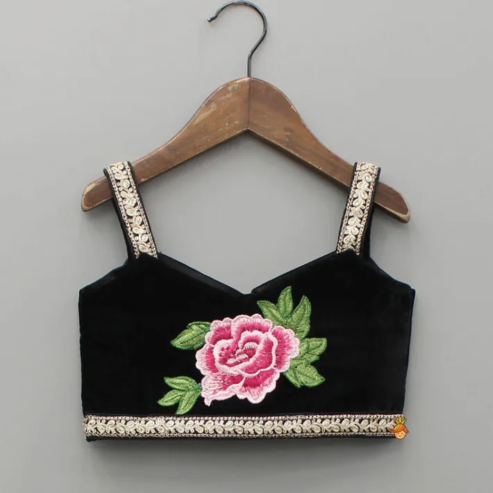 Fashion Black Velvet Embroidered Lace Detailed Strap Top With Cape And Lehenga Ethnic Wear | Lehengas & Ghagras