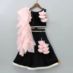 Outlet Black Velvet Top And Lehenga With Frilly Pink Dupatta Ethnic Wear | Lehengas & Ghagras