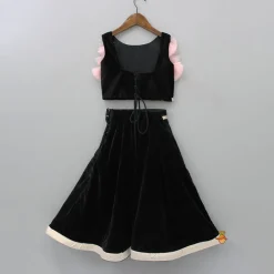Outlet Black Velvet Top And Lehenga With Frilly Pink Dupatta Ethnic Wear | Lehengas & Ghagras