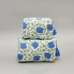 Clearance Block-Printed Blue Pouch Bags ? Set Of 2 Bags