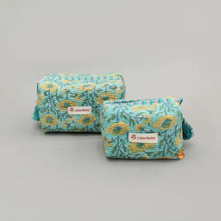Online Blooming Flowers Block-Printed Pouch Bags - Set Of 2 Bags