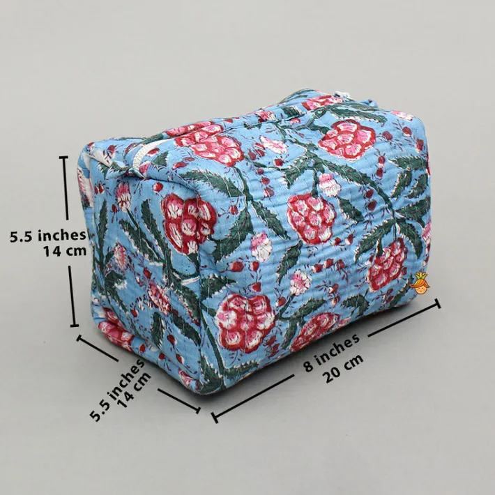 Outlet Blooming Flowers Block-Printed Blue Pouch Bags - Set Of 2 Bags