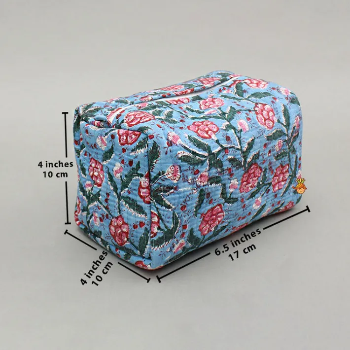 Outlet Blooming Flowers Block-Printed Blue Pouch Bags - Set Of 2 Bags
