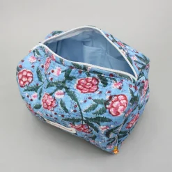 Outlet Blooming Flowers Block-Printed Blue Pouch Bags - Set Of 2 Bags