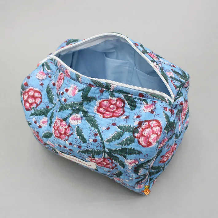 Outlet Blooming Flowers Block-Printed Blue Pouch Bags - Set Of 2 Bags