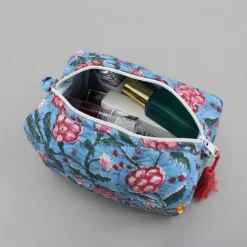 Outlet Blooming Flowers Block-Printed Blue Pouch Bags - Set Of 2 Bags