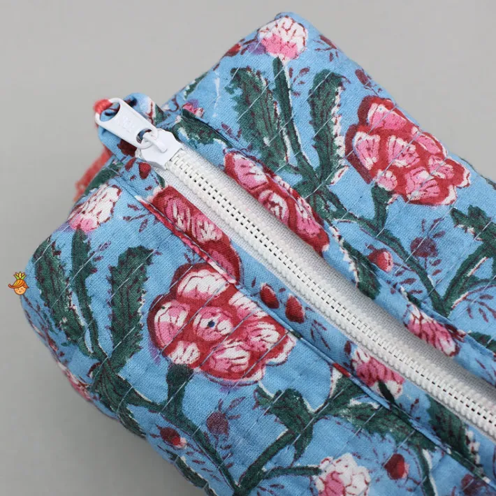 Outlet Blooming Flowers Block-Printed Blue Pouch Bags - Set Of 2 Bags