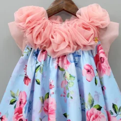 Hot Blue And Pink Floral Printed Rose Flowers Adorned Dress Dresses & Sets | Dresses