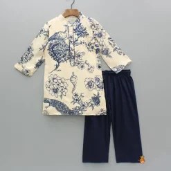 Outlet Blue And White Floral Print Kurta And Pyjama BOY Indian Ethnic Wear | Ethnic Sets