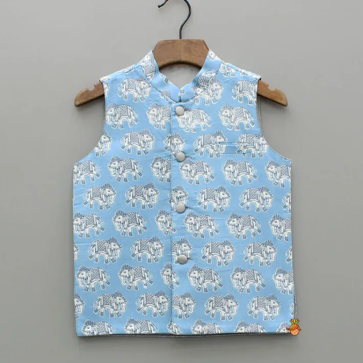 Online Blue Elephant Printed Jacket BOY Indian Ethnic Wear | Ethnic Jackets